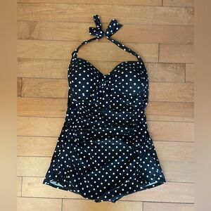 Polka Dot Halter Pinup Retro One-Piece Swimsuit - Black and White